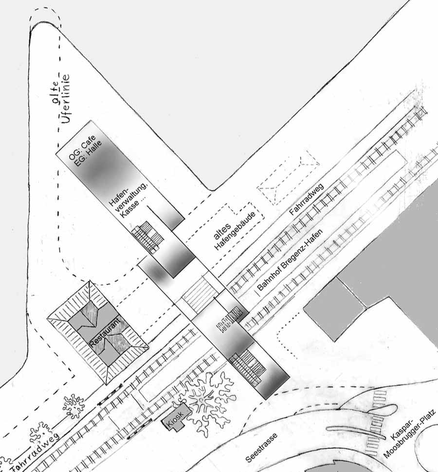 die Welle schwappt &uuml;ber den Fahrradweg und den Bahnhof Bregenz-Hafen