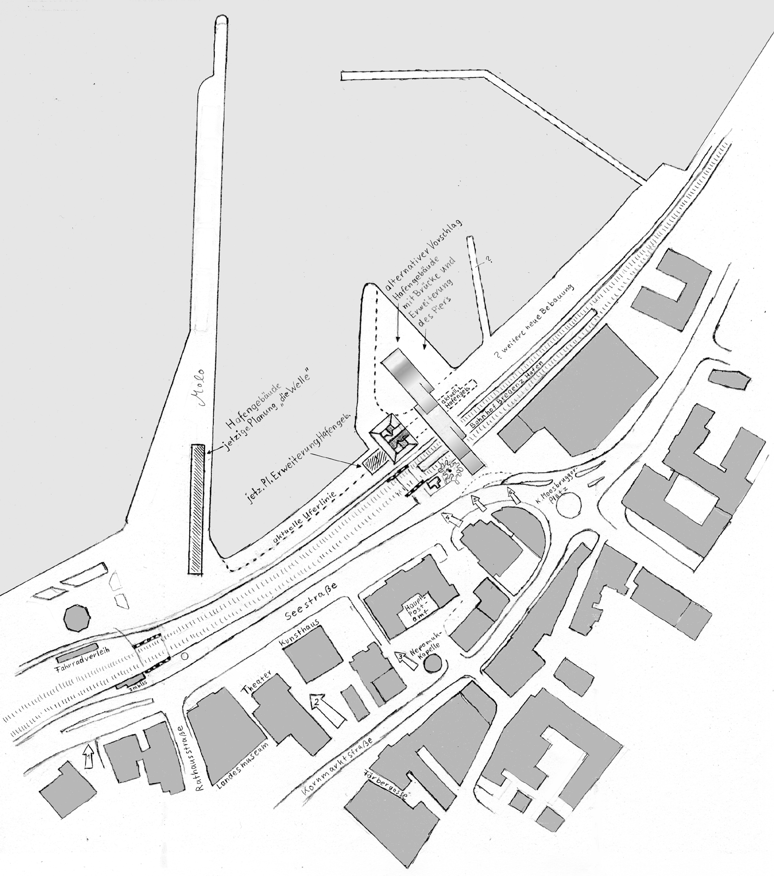 die Welle schwappt &uuml;ber den Fahrradweg und den Bahnhof Bregenz-Hafen